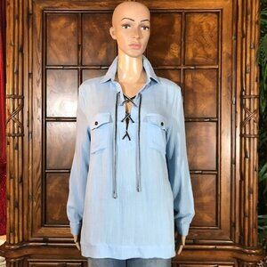 NWOT Serene Blue Lace Up Front Linen Textured Top